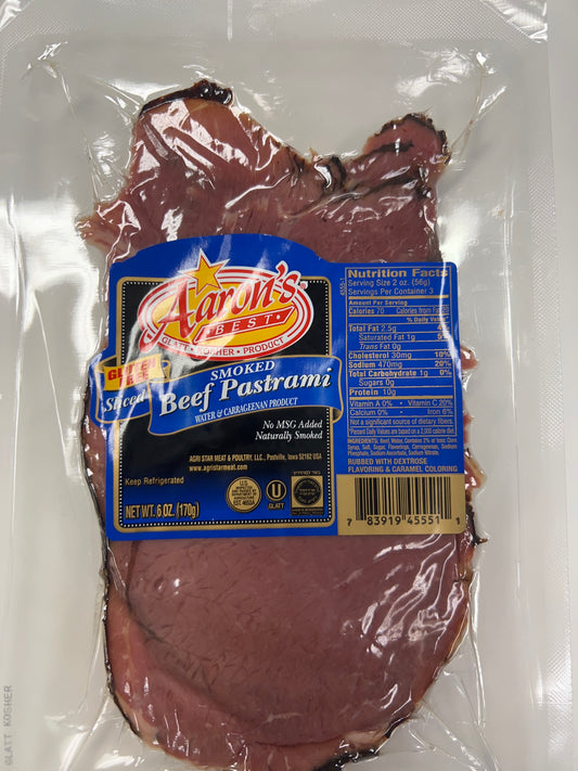 Aarons best. Sliced smoked beef pastrami. Gluten free